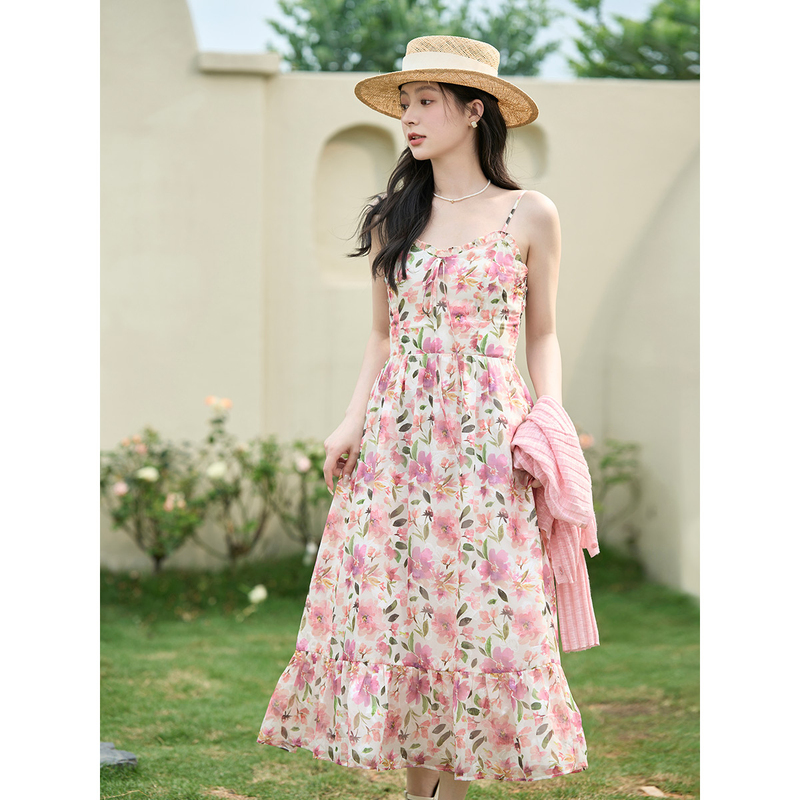 【米雷大秀同款】茵曼夏季女连衣裙吊带碎花气质新款度假休闲印花
