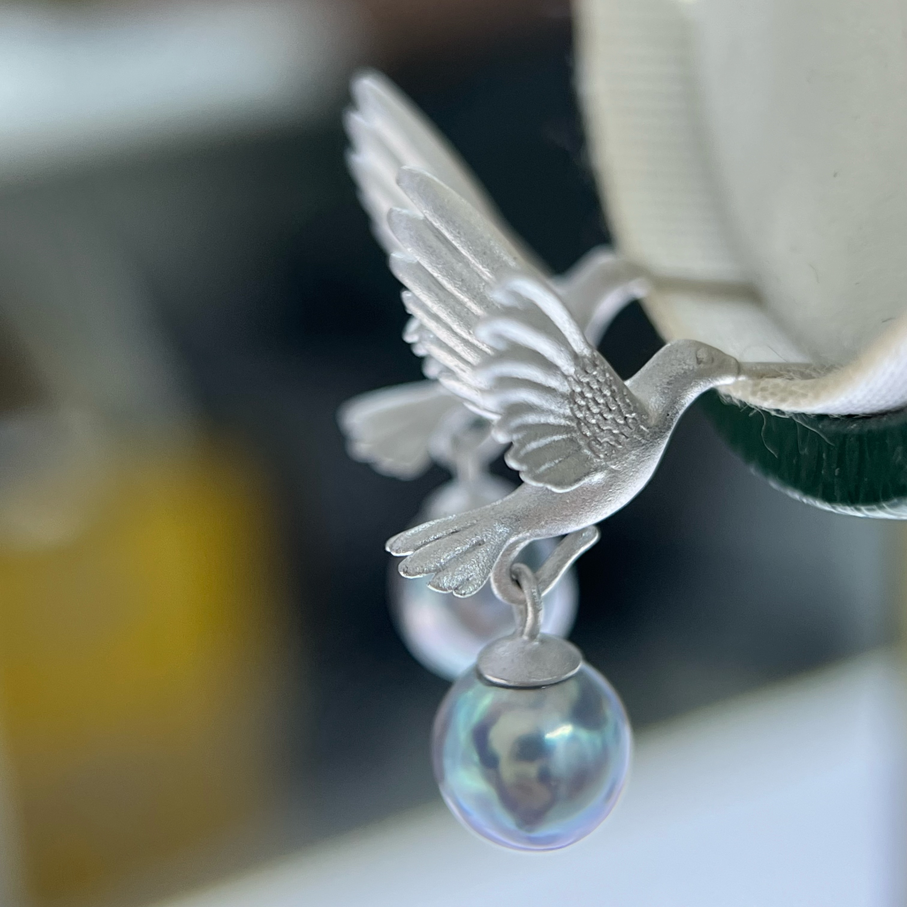 海水真多麻手工珍珠耳钉中式漱金鸟个性设计感百搭时尚银制品耳环