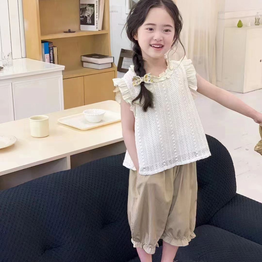 童装儿童时尚休闲夏款无袖韩版短袖蕾丝洋气白色夏季小童女宝