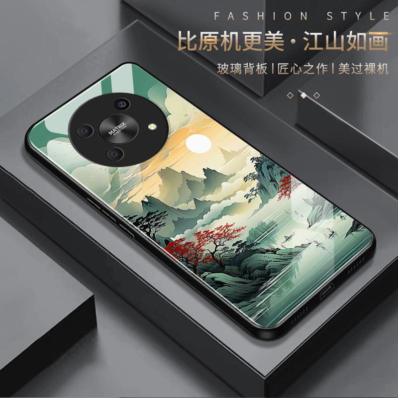 适用于荣耀x30手机壳HONORx30山水画男款防摔玻璃硬壳全包式