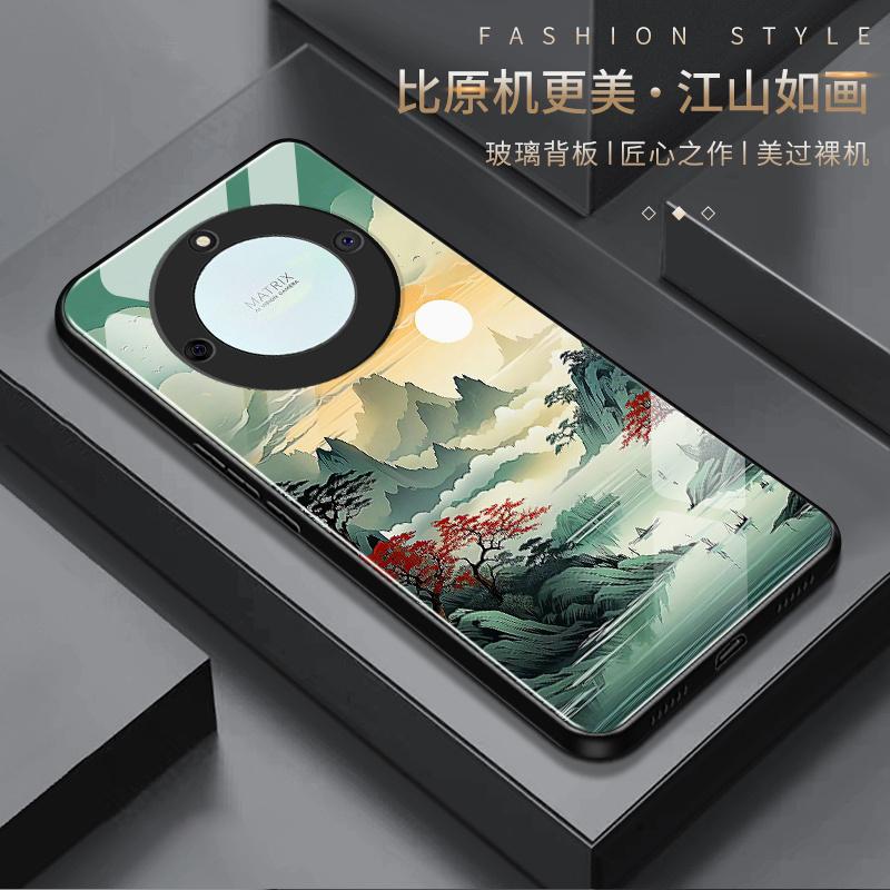 适用于荣耀X40手机壳HONORx40山水画男款防摔玻璃硬壳全包式