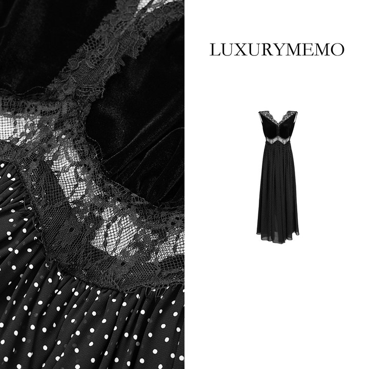 LUXURYMEMO【刘熊熊】复古波点蕾丝拼接镂空超性感v领连衣裙