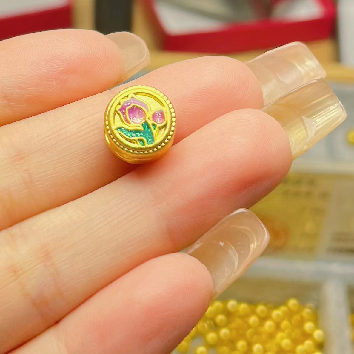 玉麓 足金999莫奈花园郁金香5D烧蓝时尚百搭款