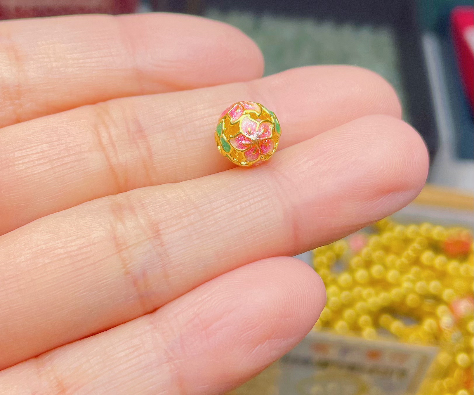  玉麓黄金 足金999烧蓝五瓣幸运花镂空珠5D时尚百搭款