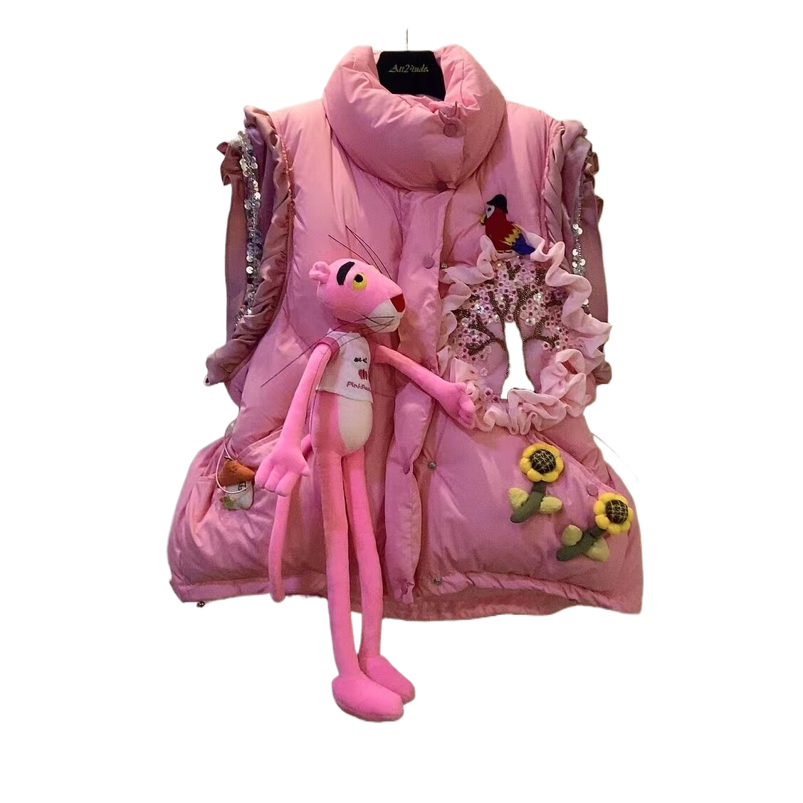 ATT潮牌女2024冬欧洲站度假风甜美拼接花卉公仔刺绣重工马甲