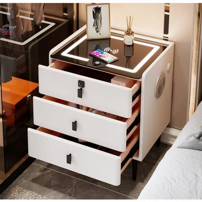 智能床头柜卧室无线充家用指纹锁音响带灯多功能床边柜充电实木