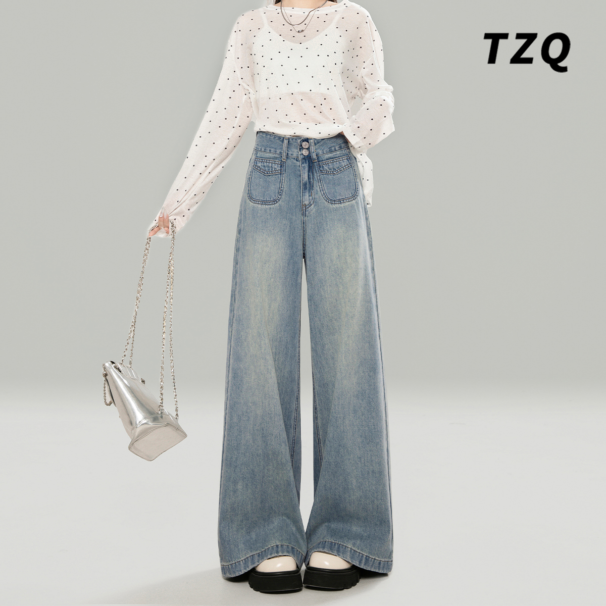 浅蓝色阔腿牛仔裤女爆款2025新款秋季加绒厚款高腰宽松垂感拖地裤