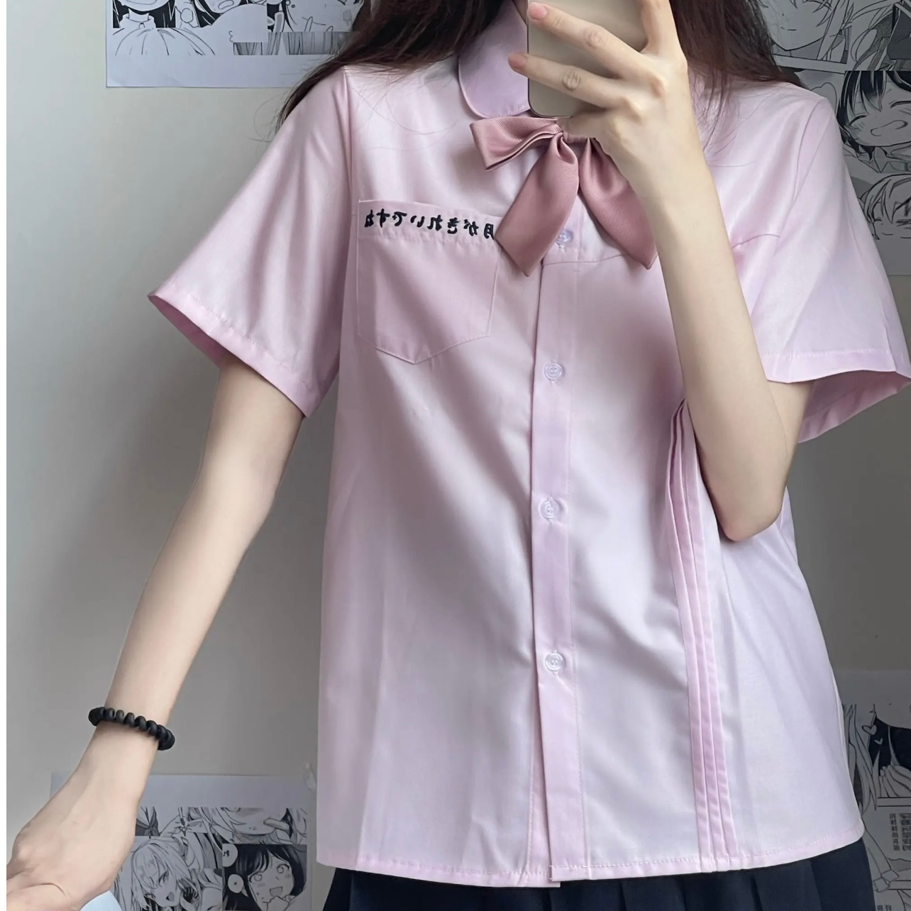 鲸鱼贩卖原创JK短袖衬衫JK刺绣衬衫风琴褶两穿开襟衬衫