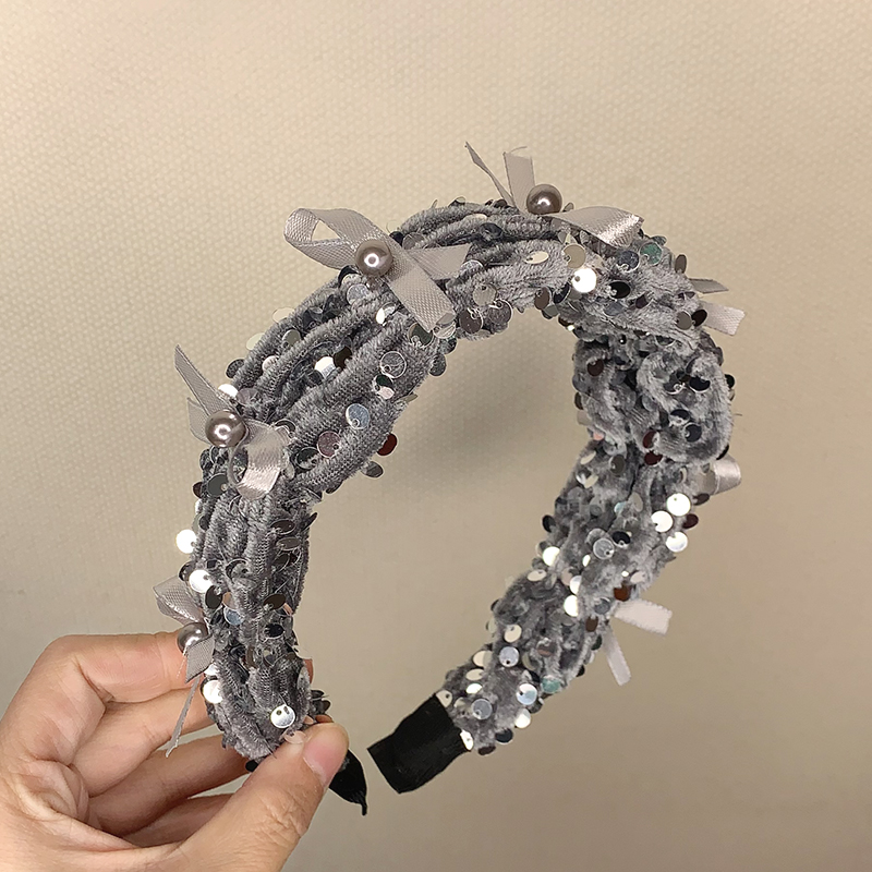 复古赫本风气质蝴蝶结亮片花苞褶皱高颅顶显脸小发卡丝绒宽边头箍