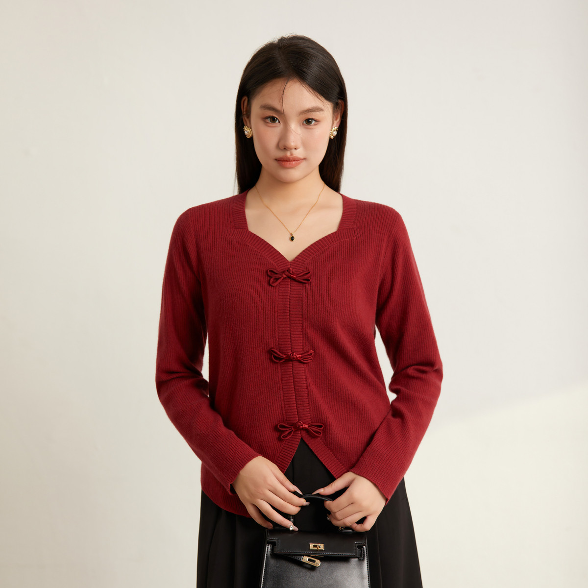 纤莉秀｜大码女装2023秋装新款胖mm优雅气质新中式蝴蝶结方领针织