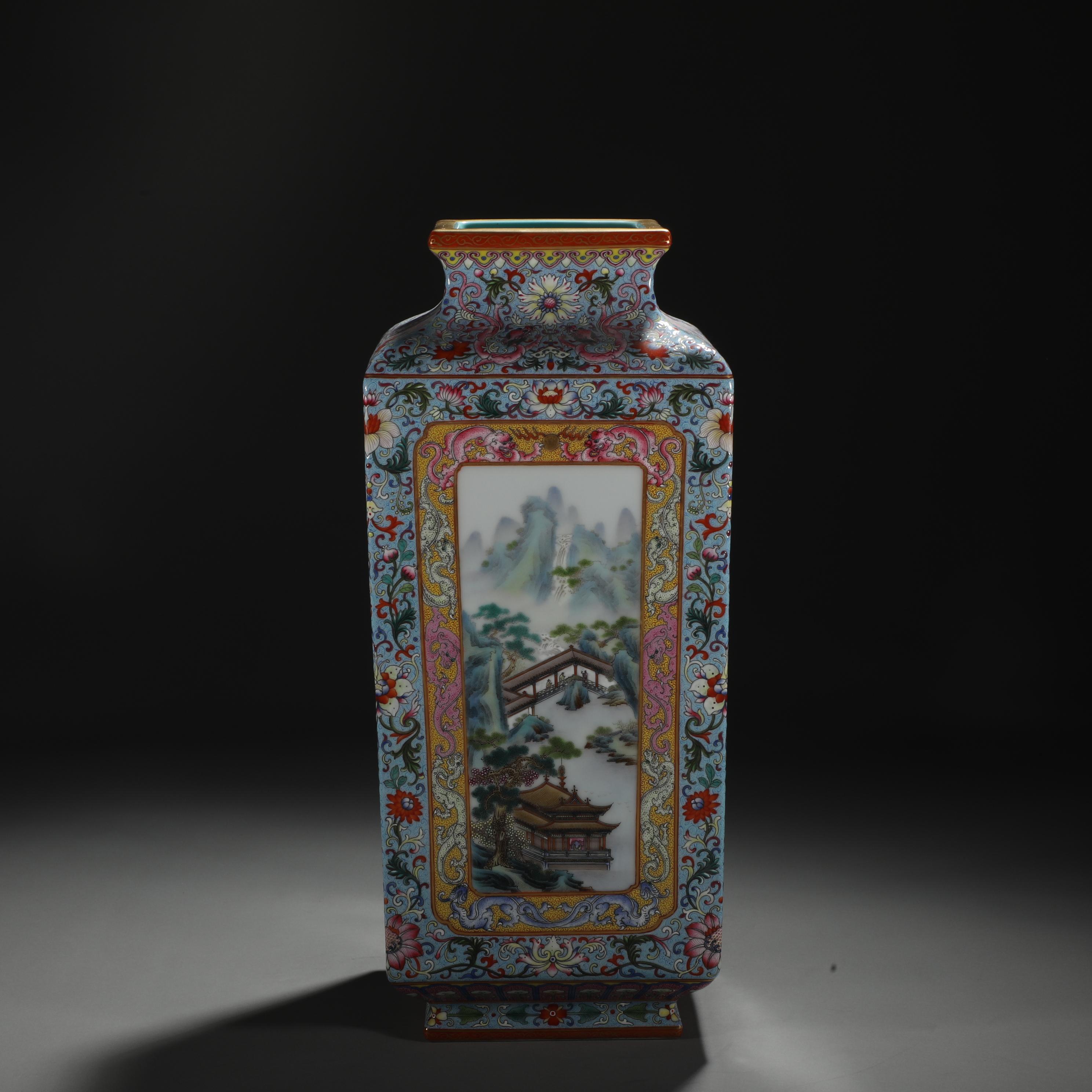 清.珐琅彩缠枝莲开窗山水四方尊