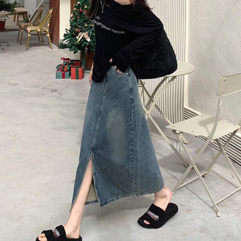 复古蓝开叉牛仔半身裙女秋冬高腰显瘦大码胖mm中长款遮胯a字裙子
