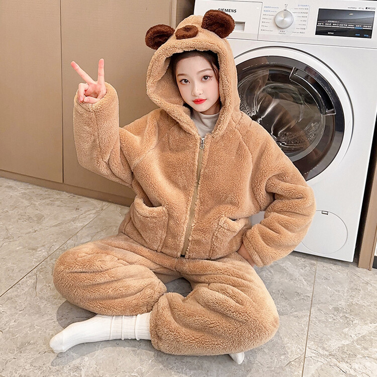 女童家居服套装珊瑚绒加绒加厚2023新款洋气女孩连帽外穿睡衣冬款