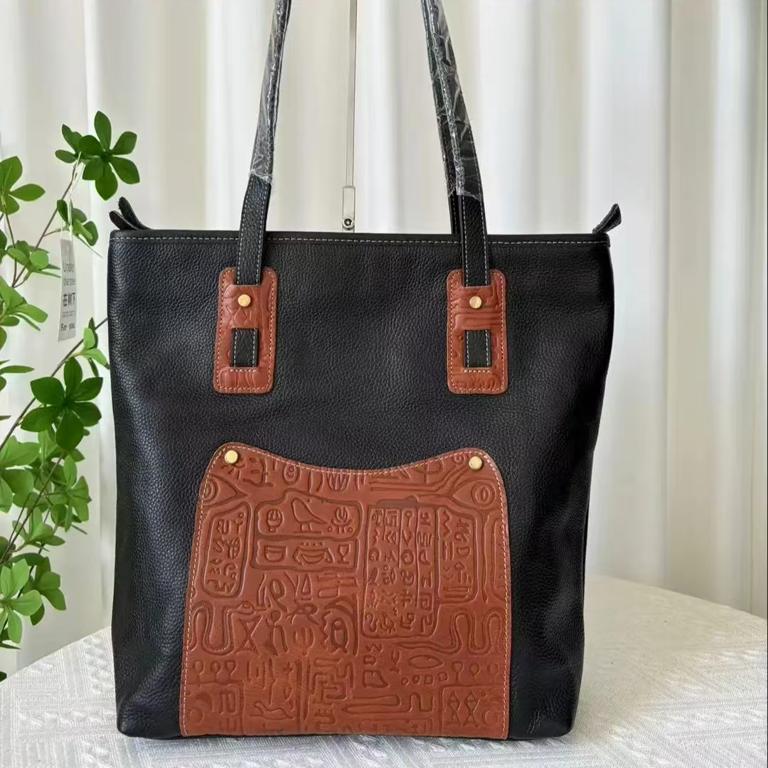 2024经典简约撞色牛皮单肩大包时尚休闲通勤