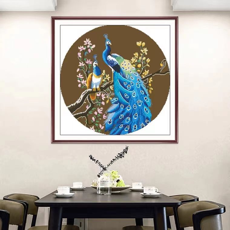 圆版蓝色孔雀大格十字绣孔雀十字绣大格四股线75*75cm满绣无勾边