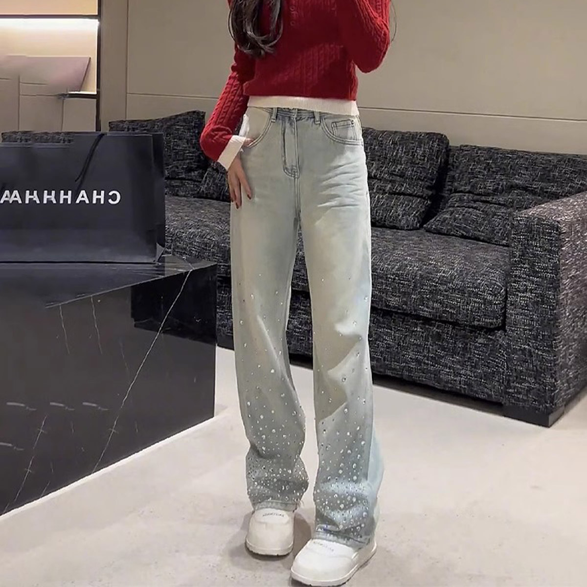 重工满天星烫钻直筒牛仔裤女2024春新款百搭宽松窄版阔腿拖地裤子