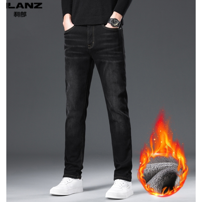 利郎牛仔裤男加绒加厚弹力长裤冬季保暖裤子时尚百搭修身直筒男裤