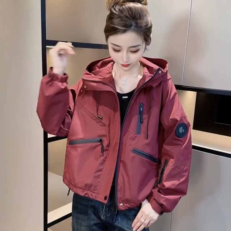 秋冬冲锋衣女短款外套薄棉衣洋气小个子上衣连帽夹克大兜休闲风衣