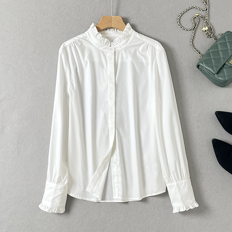 抗皱面料`气质版型木耳边立领纽扣纯色长袖衬衫通勤百搭女款上衣