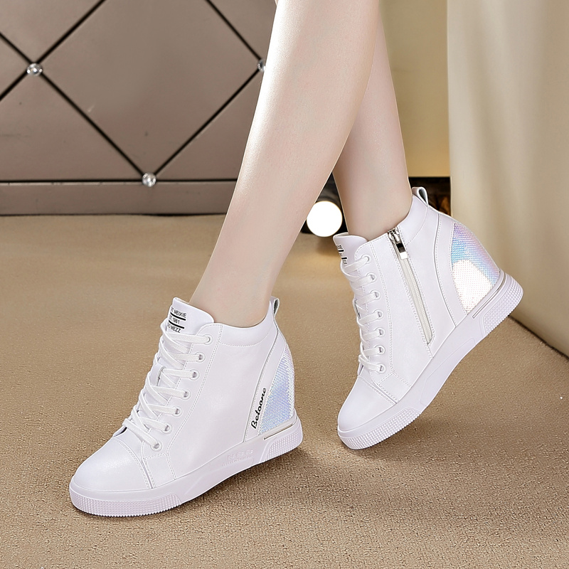 内增高7cm春季新款女鞋 侧拉链小白鞋女百搭高帮鞋板鞋厚底休闲鞋