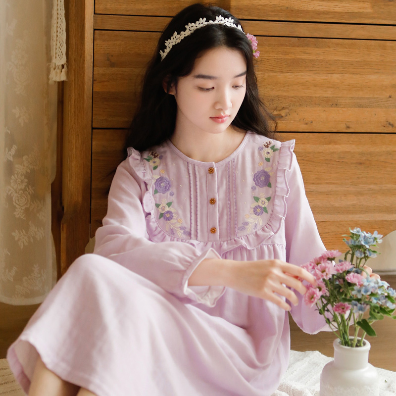 『 花色姬』睡裙女三层纯棉春秋新款甜美刺绣睡衣长袖宽松家居服