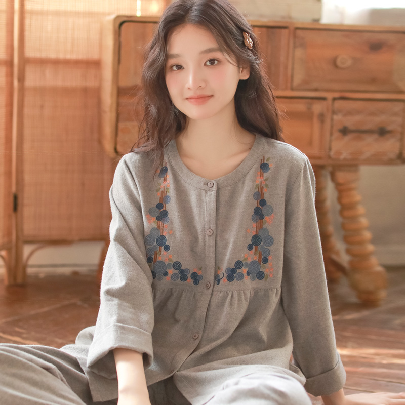 秋冬新款睡衣纯棉甜美刺绣长袖长裤可外穿休闲厚款100%纯棉家居服