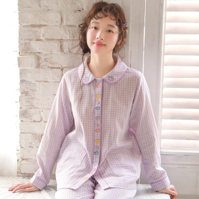 春季睡衣女2024年新款纯棉纱布甜美刺绣韩版长袖两件套家居服套装