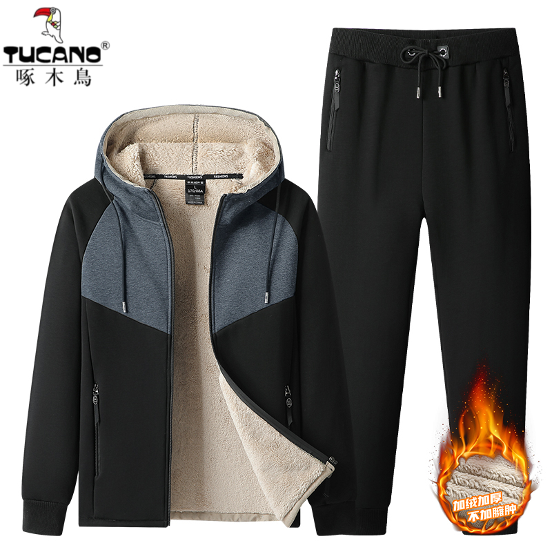 啄木鸟2023新款套装男羊羔绒男士时尚连帽休闲运动套装加绒加厚