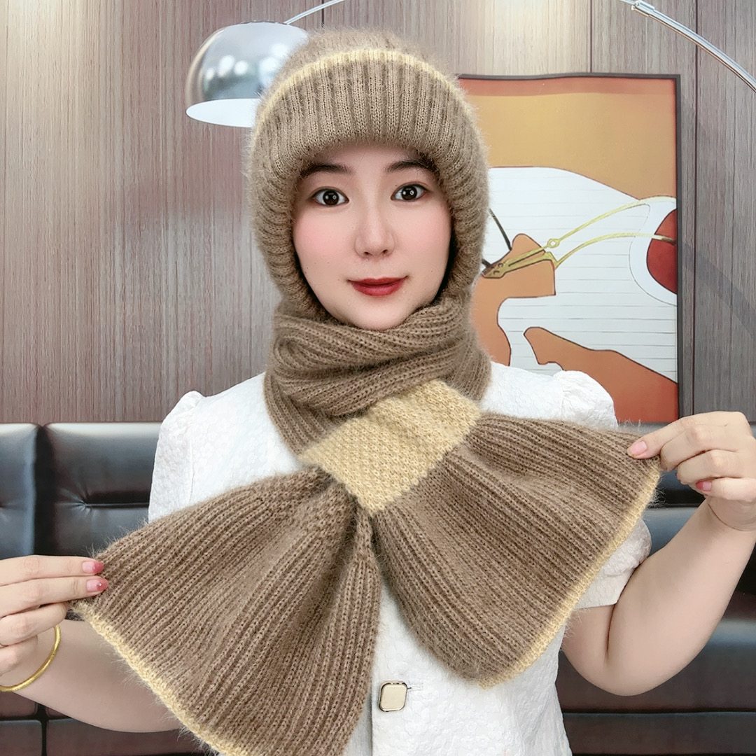 2024新款加绒时尚编织风雪帽子百搭女士冬天护耳朵帽围巾帽子一体