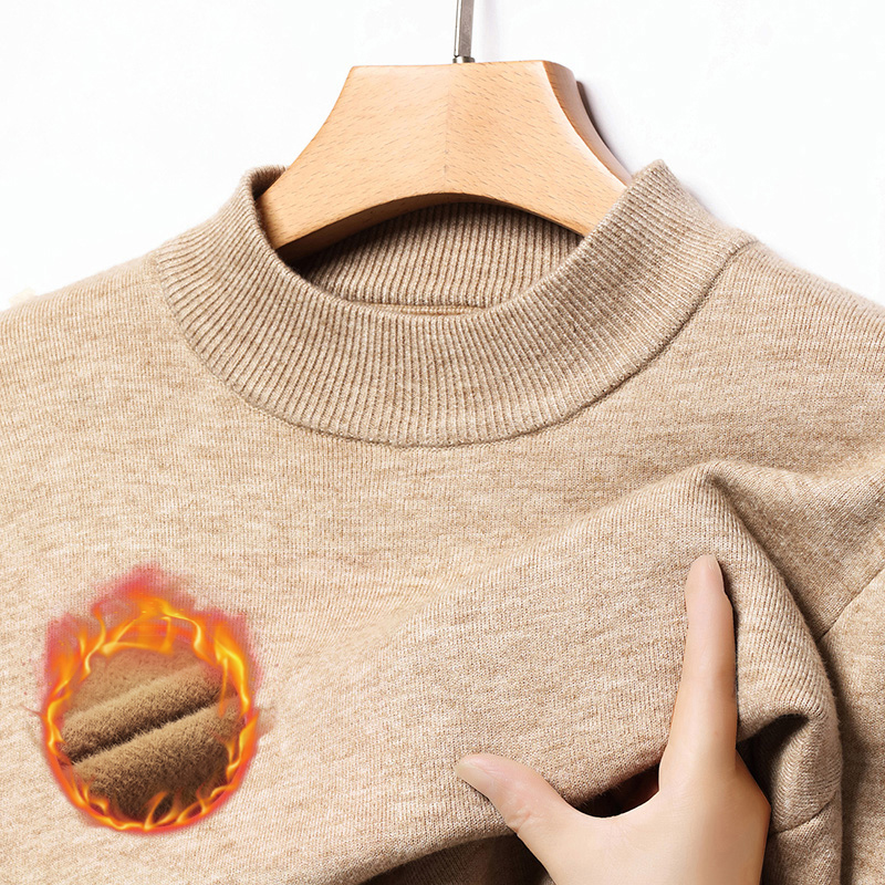 冬季男士加绒加厚纯色百搭修身保暖打底衫商务休闲圆领毛衣针织衫