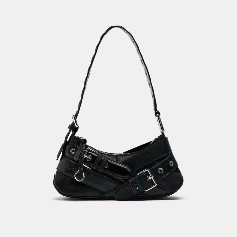 机车风时尚辣妹腋下包包女2025新款设计感洋气单肩包PU黑色通勤包