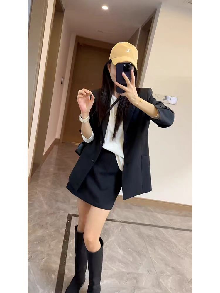 时髦韩系套装chic小个子别致黑色西装外套短裙通勤两件套春秋