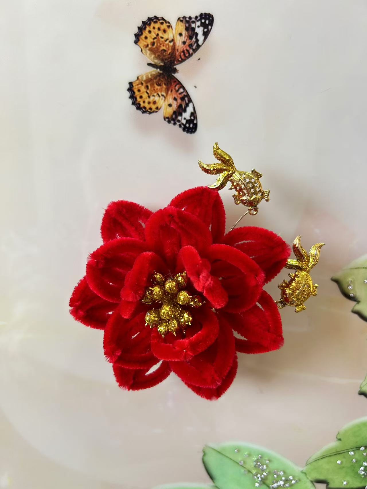 天津红绒花 春节 喜事 妈妈花 婆婆花 头饰( 步步生莲 金鱼款）