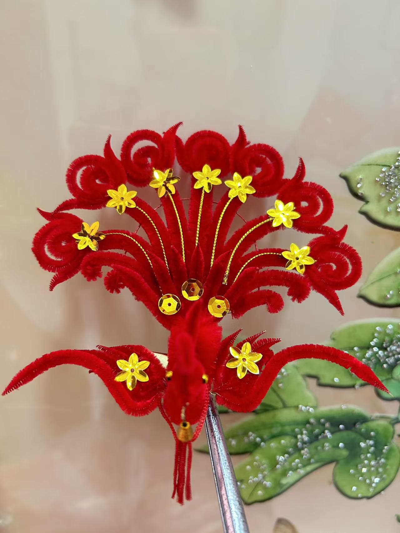 天津红绒花新款妈妈花婆婆花春节 喜事头饰（公主凤中号）