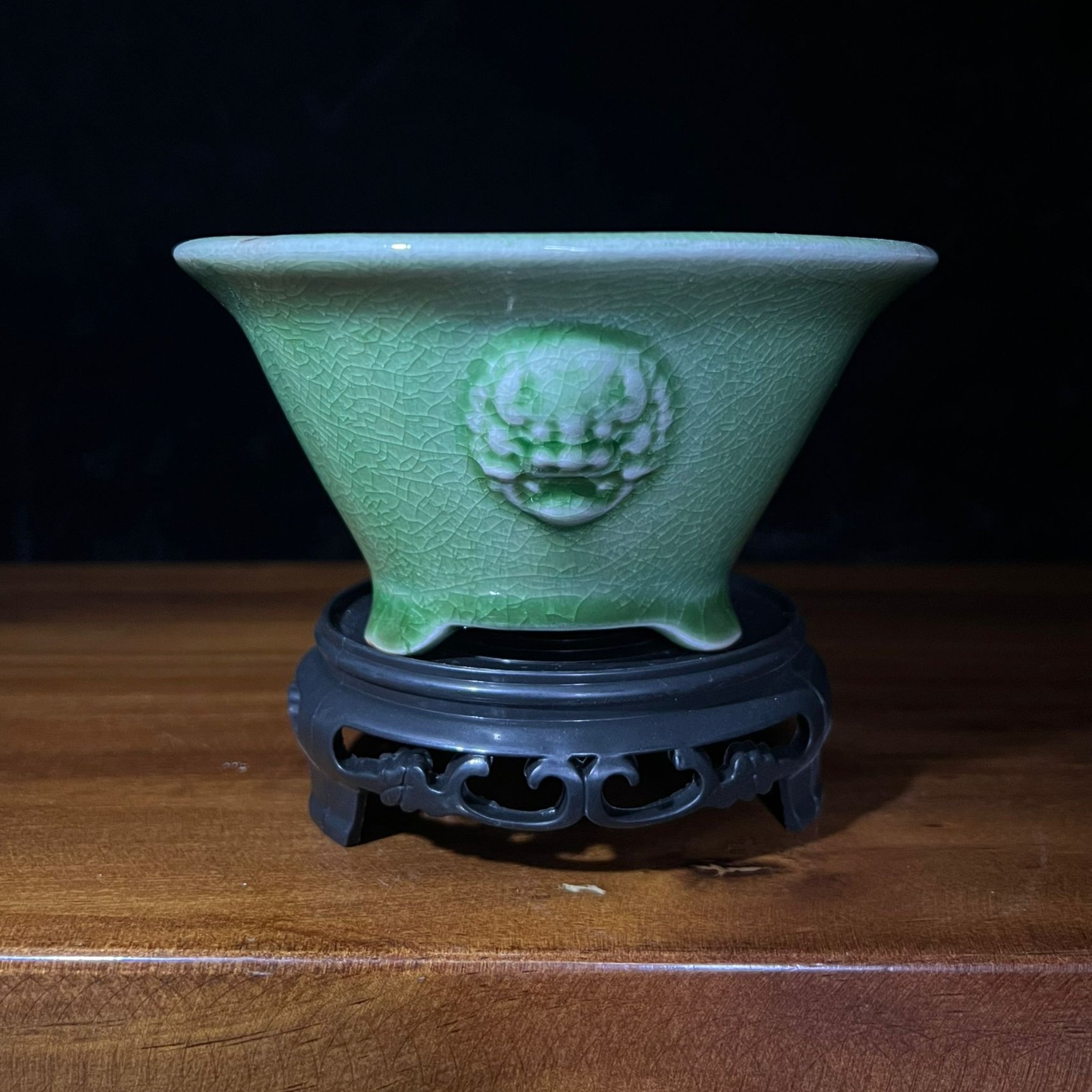 陶瓷创意斗笠圆形兽首狮子头绿植造景盆13.5*7cm