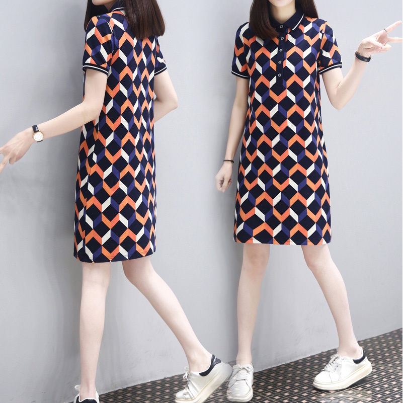 POLO翻领遮肚子显瘦格子连衣裙2024新款夏女棉质t恤裙子中年妈妈