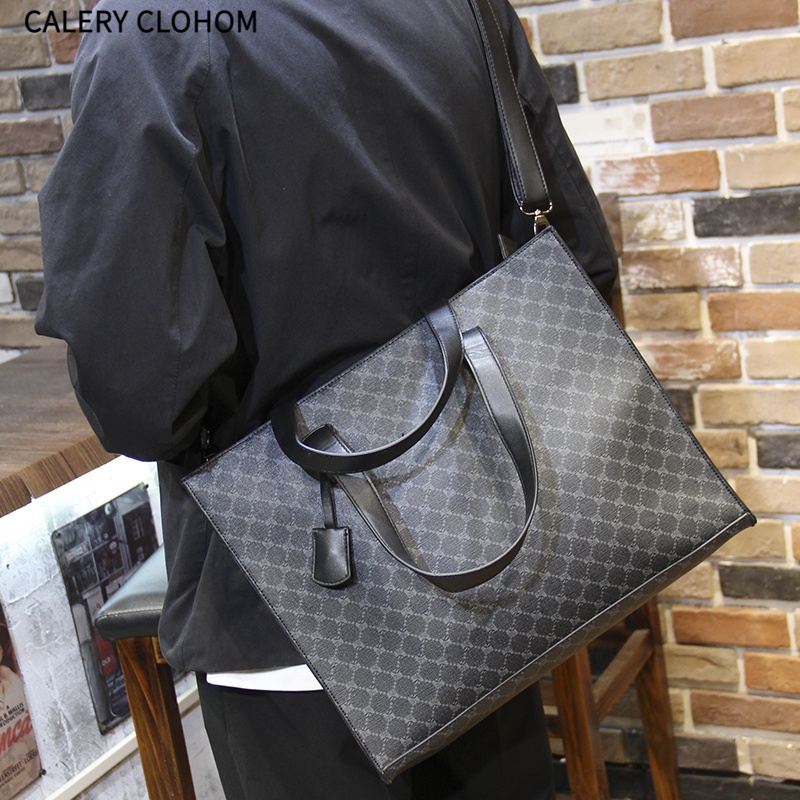  2025新款真皮青年潮流格子牛皮手提包男士大容量托