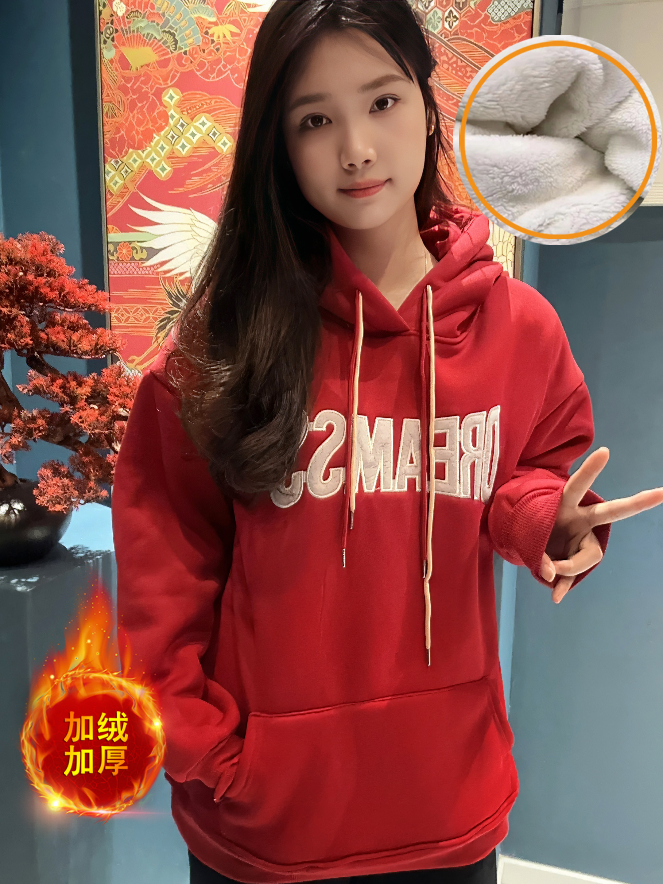 2023年新款加绒加厚连帽卫衣女冬季学生韩版宽松显瘦保暖刺绣外套