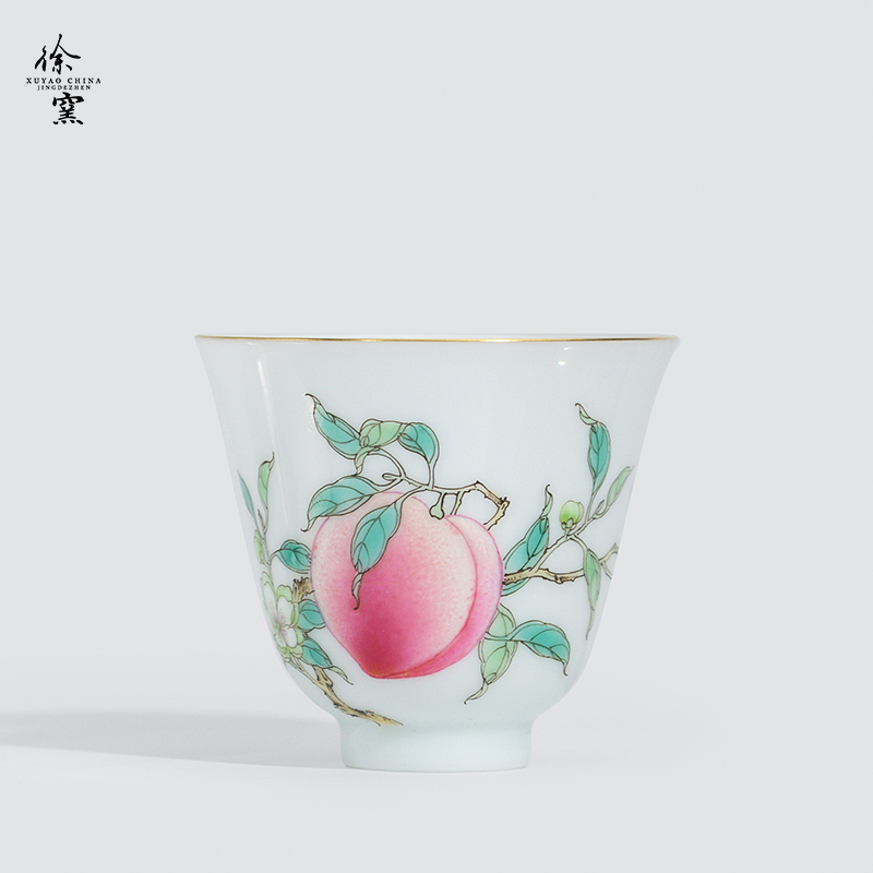 徐窑粉彩一桃闻香杯翠绿桃花款茶杯景德镇手工陶瓷茶器茶具