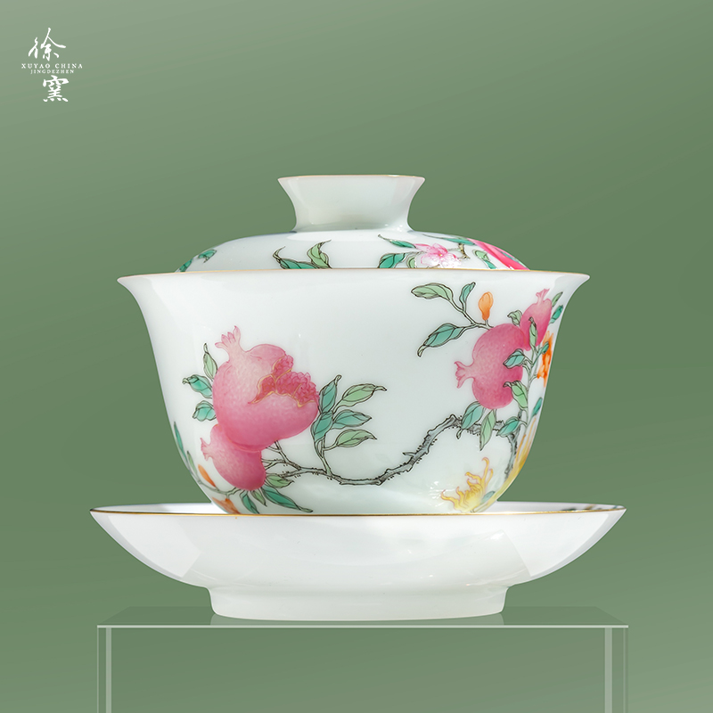 徐窑三多圆融盖碗 粉彩手绘三才盖碗景德镇手工陶瓷桃纹佛手石榴