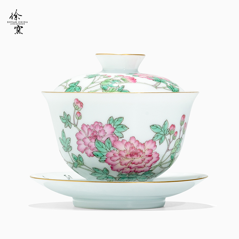 徐窑芙蓉花圆融盖碗 粉彩手绘景德镇陶瓷器手工茶器描金泡茶三才