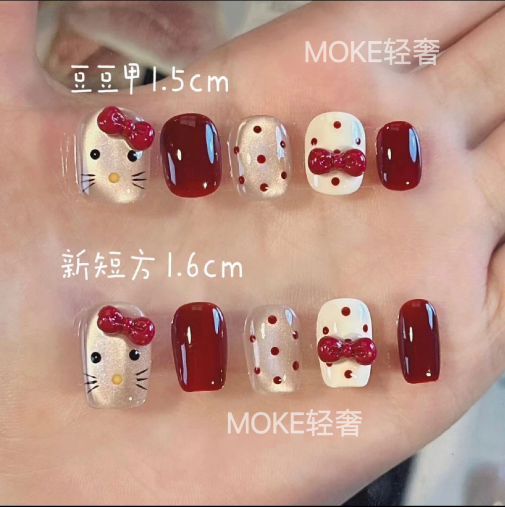 【kitty红】红色波点爆闪两片猫咪美甲轻奢设计纯手工穿戴甲显白