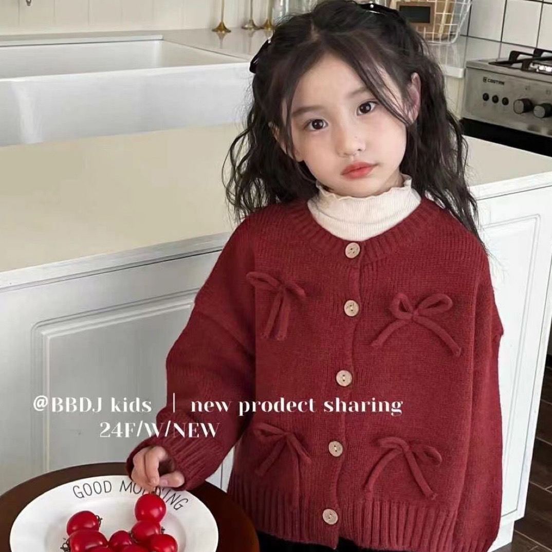 2025秋女童韩版毛衣开衫秋款冬童装儿童纯色洋气时尚蝴蝶结针织衫