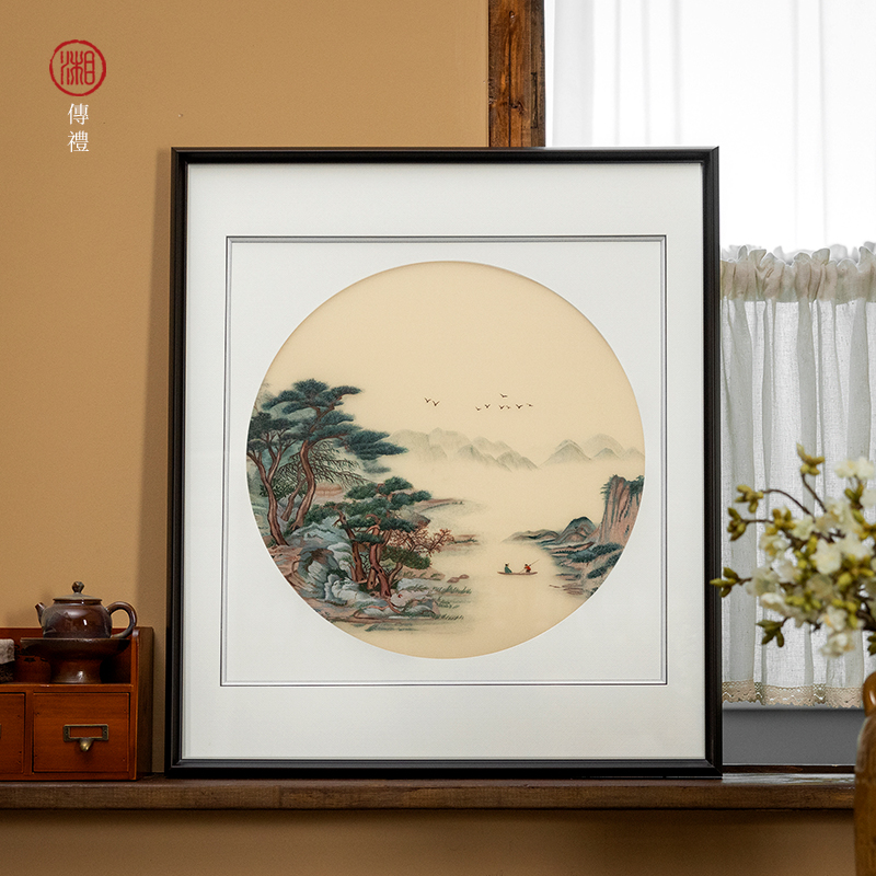 湘绣旭日东升纯手工刺绣单面绣四丝精绣山水客厅沙发背景风水挂画