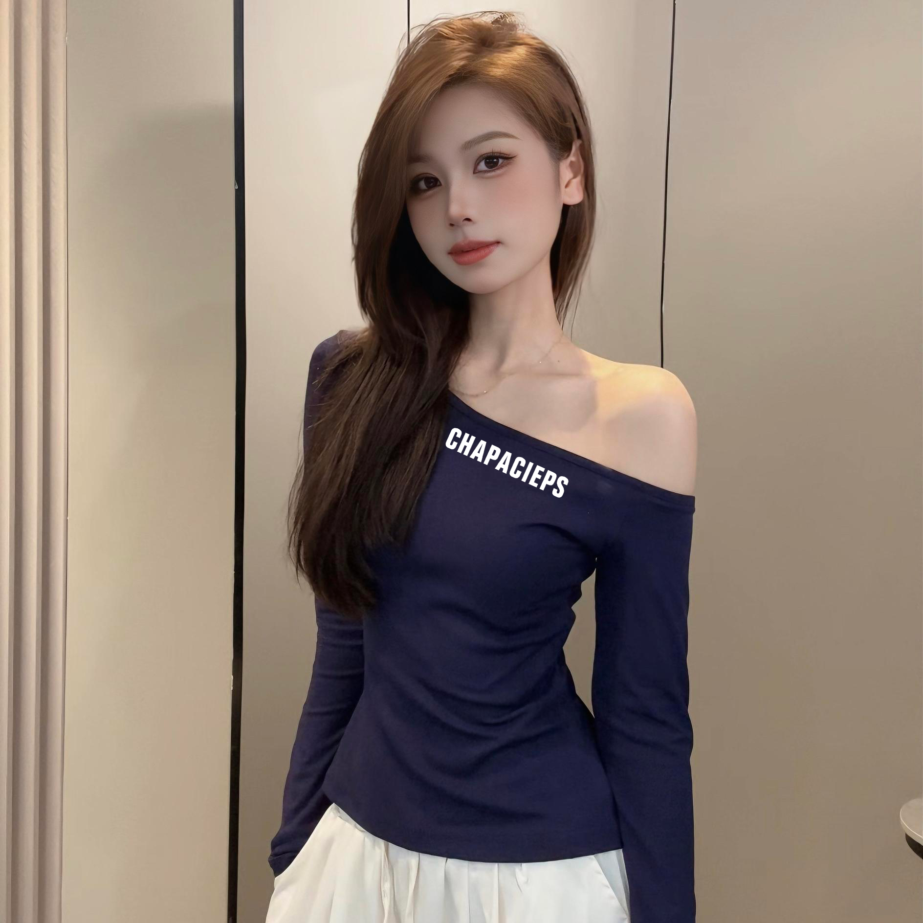 网红美式辣妹斜肩短款长袖字母印花t恤内搭时尚小众露肩上衣百搭