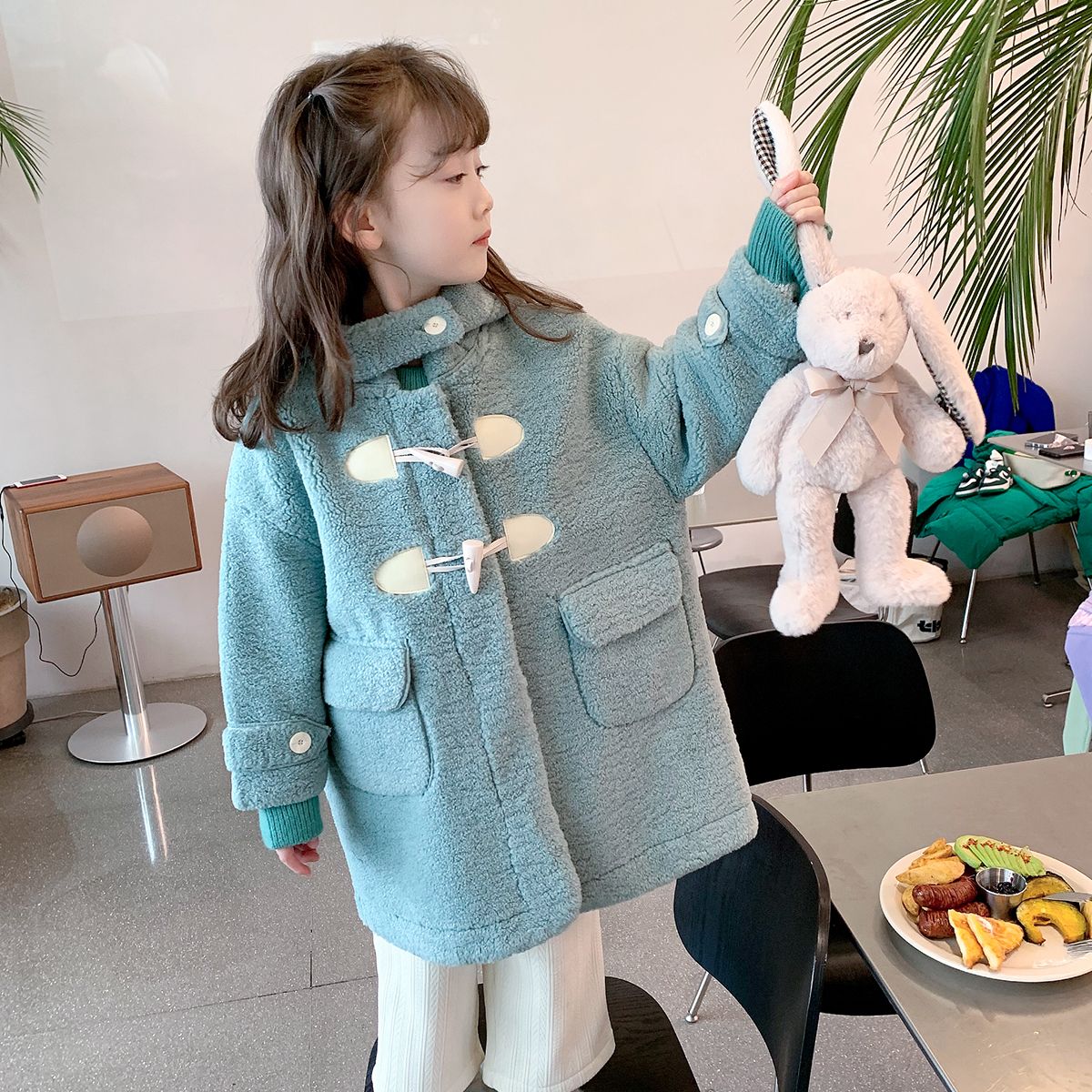 女童皮毛一体外套2022冬装新款儿童洋气中长款大衣宝宝加厚毛毛衣