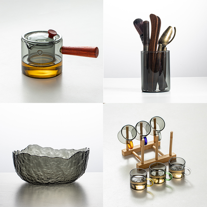 加厚灰色玻璃茶具侧把防烫茶壶简约茶道六君耐热茶杯茶洗茶道配件