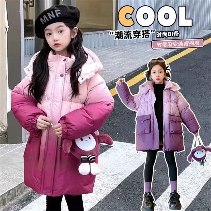 2024新款渐变色韩版潮流儿童棉服棉袄中长款加绒加厚