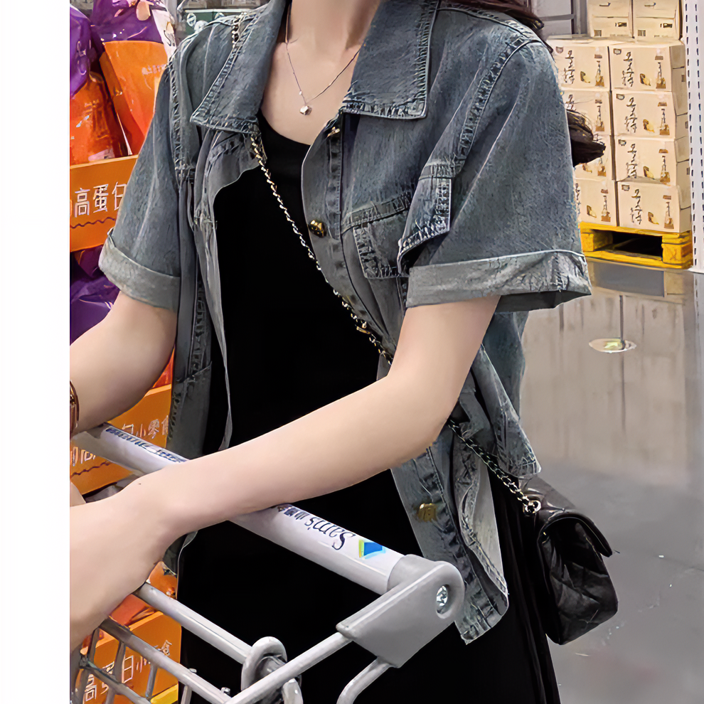 短袖牛仔外套女2024新款夏季连衣裙外搭开衫美式复古薄款显瘦上衣