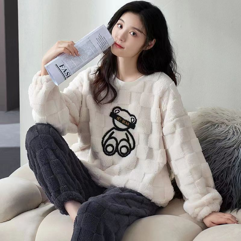 珊瑚绒睡衣女冬季新款 加绒加厚 法兰绒秋冬款创意家居服套装冬天